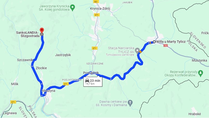 Źródło: Screen z Google Maps. Trasa z „Willa u Marty Tylicz, Pułaskiego 6A, 33-383 Tylicz” do „SankoLANDIA- Ślizgostrada, Skawa - Wysoka, 33-370 Muszyna”. Odległość 19,7 km.